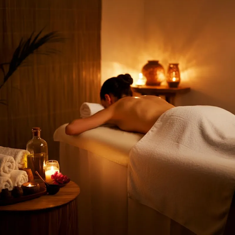 Candlelit spa massage room with fresh towels and aromatic essentials at DISHA Daynight Out Spa